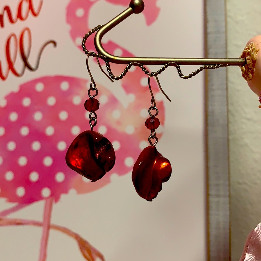 Red stone and bead earrings